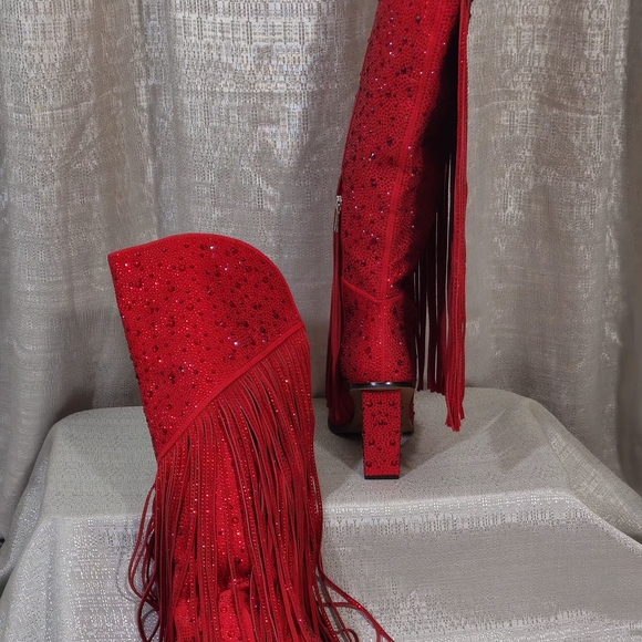 Jessica Simpson Red Sequin Fringe Heeled Boots - Picture 8 of 8